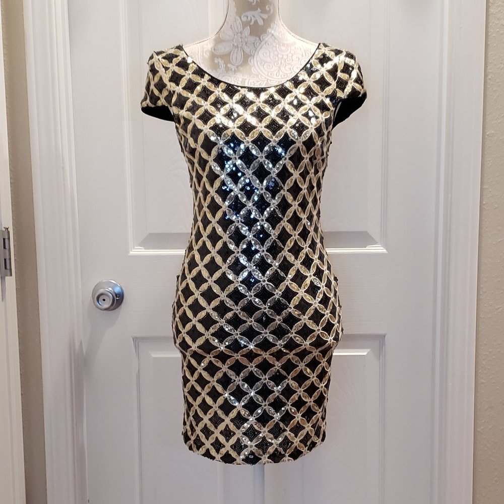 Sexy Gold & Black Sequin Mini Dress with Open Back - Picture 3 of 10